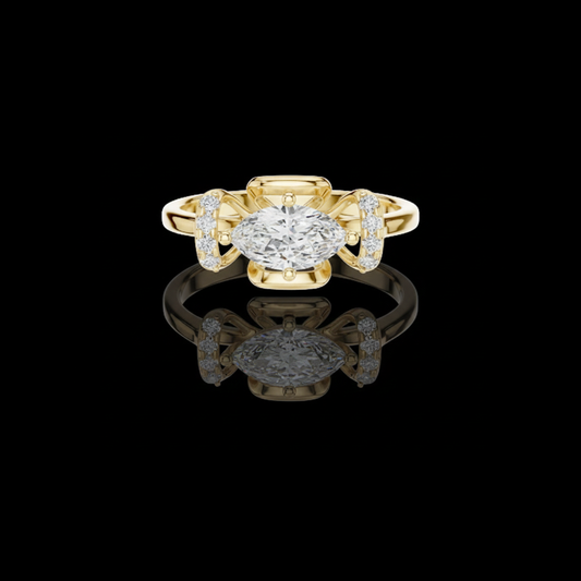 0.67 CT Shiny Marquise Cut Moissanite Diamond Ring with Sculpted Split Prong Setting and Side Accents