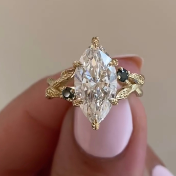 Marquise Cut Lab Grown Diamond Leaf Vine Engagement Ring with Black Accents