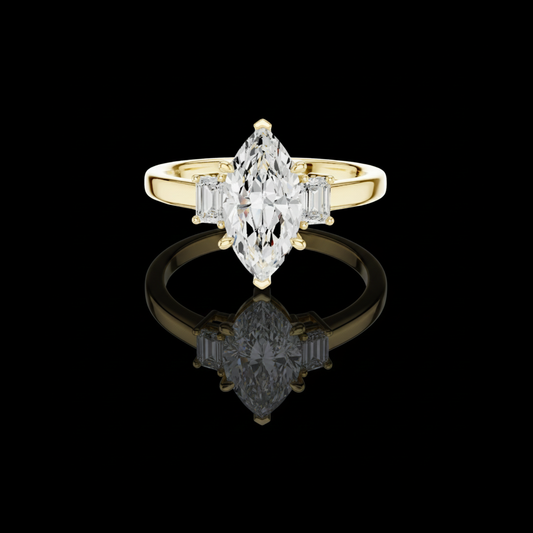 Marquise Engagement Three Stone Ring with Moissanite Diamond Emerald Side Stone
