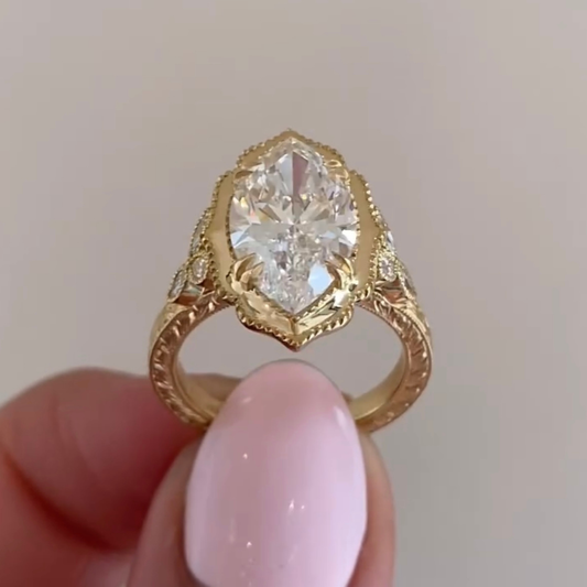 2.00 TCW Vintage Inspired Marquise moissanite Diamond Ring with Hand Engraved Bezel
