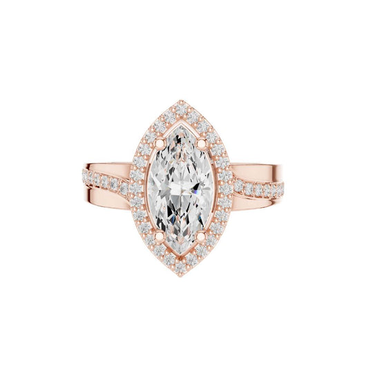 1.15 CT Elongated Solitaire with Pave Band and Sparkling Moissanite Diamond Round Cut Halo For Her