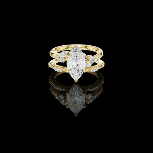 Marquise Cut Moissanite Diamond Split Shank Three Stone Ring