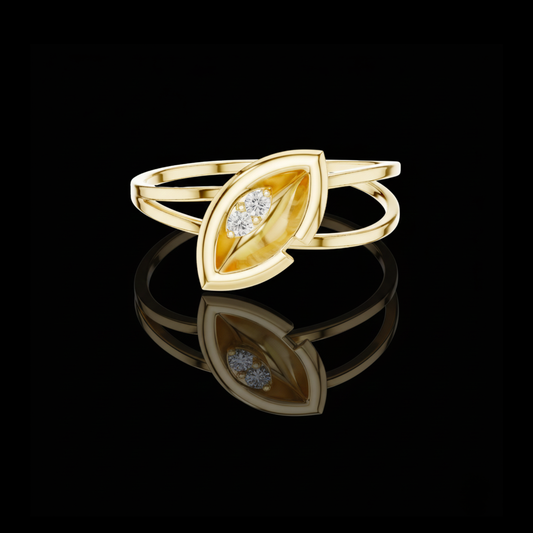 Leaf Solitaire Ring with Bezel Set Moissanite Round Diamond Accent