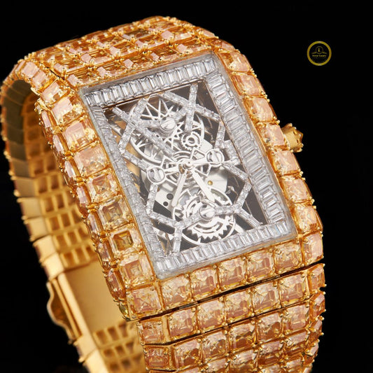 Imperial Majesty Full Gold Diamond Luxury Watch with Asscher and Baguette Cut Stones