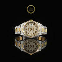 Full Iced Out Diamond Date Watch with Roman Numeral Dial & Two-Tone Links