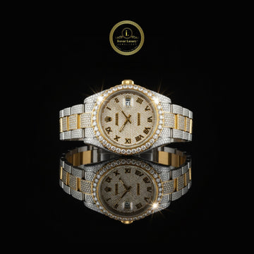 Full Iced Out Diamond Date Watch with Roman Numeral Dial & Two-Tone Links