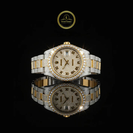 Premium Iced-Out Watch Duo – Crystal-Encrusted Gold Watch and Skeleton Automatic Watch By Ivevar