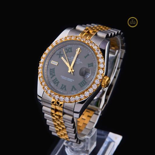 Round Cut Diamond Bezel Black Roman Dial Two-Tone Jubilee Bracelet Watch
