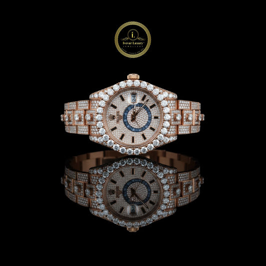Full Iced Out Two-Tone Moissanite Diamond Watch with Big Date & 24-Hour Dial