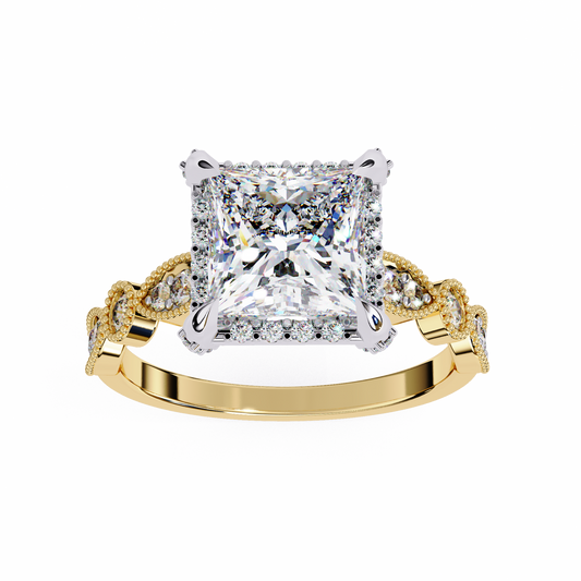 Princess Cut Halo Moissanite Diamond Filigree Ring