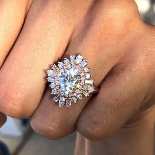 Oval Brilliant Moissanite Diamond Sunburst Cluster Ring