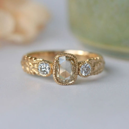 Cushion Rose Cut Vintage Three Stone Bezel Lab Grown Engagement Ring