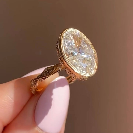 Oval Cut Lab Grown Bezel Set Vintage Vine Engagement Ring