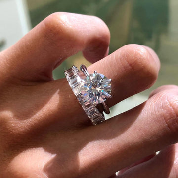Round Moissanite Diamond Solitaire Ring with Baguette Diamond Band