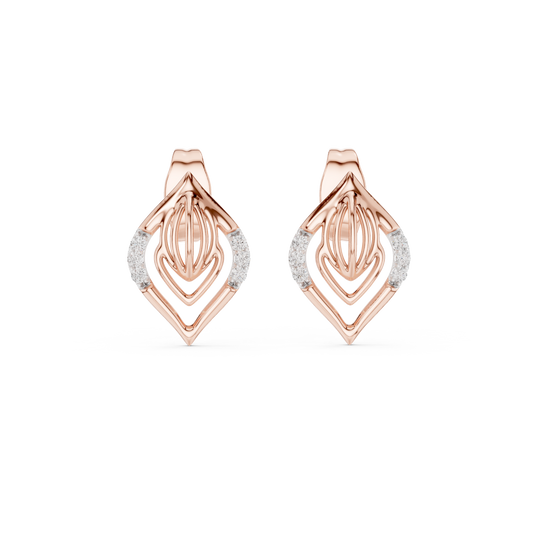 Layered Leaf Round Lab Diamond Geometric Stud Earrings with Pavé Detail
