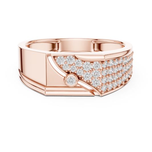 Round Cut Lab Grown Diamond Men's Asymmetric Curved Pave Gold Signet Ring