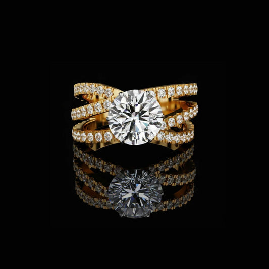 Split Shank Round Cut Lab Diamond Engagement Ring Triple Row Band