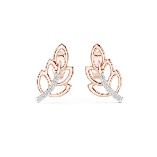 Gold Leaf Stud Earrings with Round Lab Diamond Accented Curve Nature Inspired