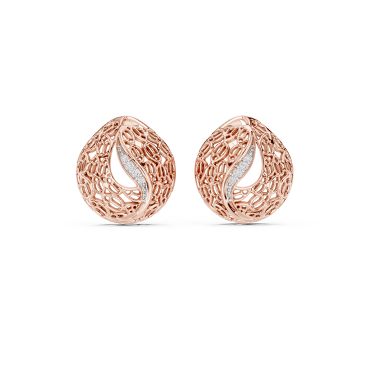 Artisan Filigree Wave Round Lab Diamond Stud Earrings with Curved Pave Accent