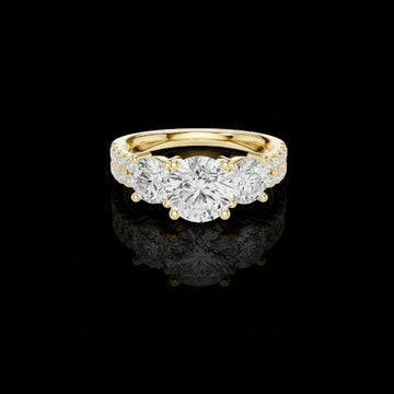 Three Stone Gold Ring Round Cut Lab Grown Diamonds With Pave Accents