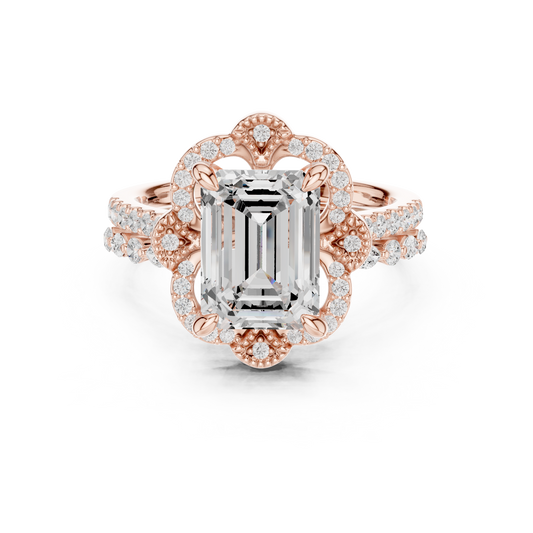 Vintage Inspired Emerald Cut Moissanite Diamond Ring Scalloped Halo