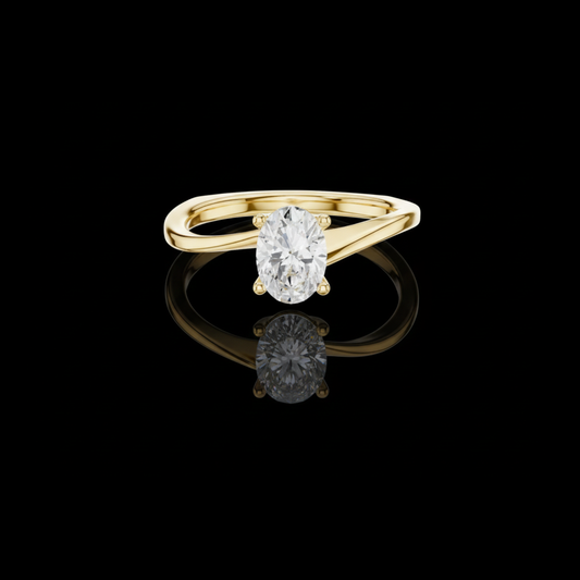 0.78 TCW Brilliant Oval Cut Lab Grown Diamond on a Modern Fluid Twist Solitaire Gold Setting