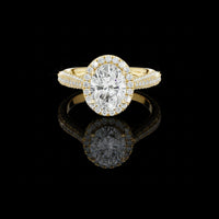 Oval Cut Halo Moissanite Diamond with Triple Pave Band Ring