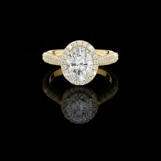 Oval Cut Halo Moissanite Diamond with Triple Pave Band Ring