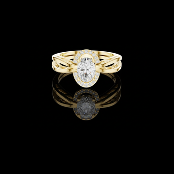 0.67 CT Elegant Oval Moissanite Diamond Halo Ring Set in Polished Gold with Intricate Split Shank