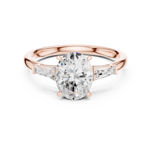 Three Stone Oval Moissanite Diamond Ring With Baguette Side Stone