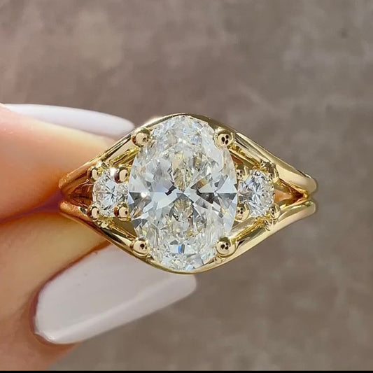 Oval Lab Grown Split Shank Three Stone Engagement Ring