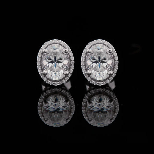 3.00 CT Classic Oval Cut Lab Grown Diamond Stud Earrings with Sparkling Halo Setting in Polished White Gold