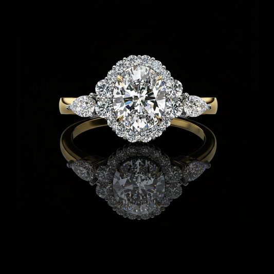 1.08 CT Graceful Oval Cut Moissanite Diamond Halo Engagement Ring with Side Pear Stones Anniversary Gift