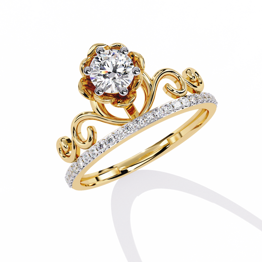 Round Moissanite Diamond Vintage Floral Ring With Scroll Pave Band Crown