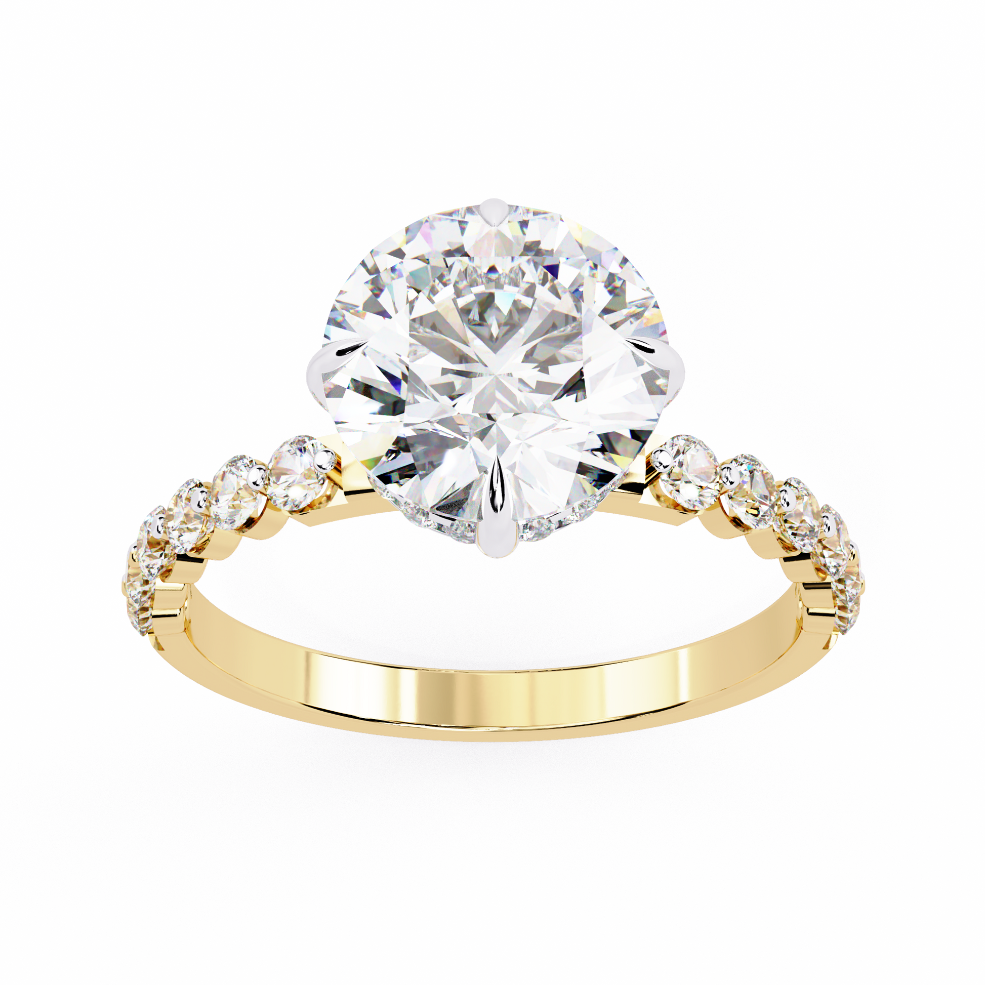 Gold ring with a large diamond and smaller diamonds 