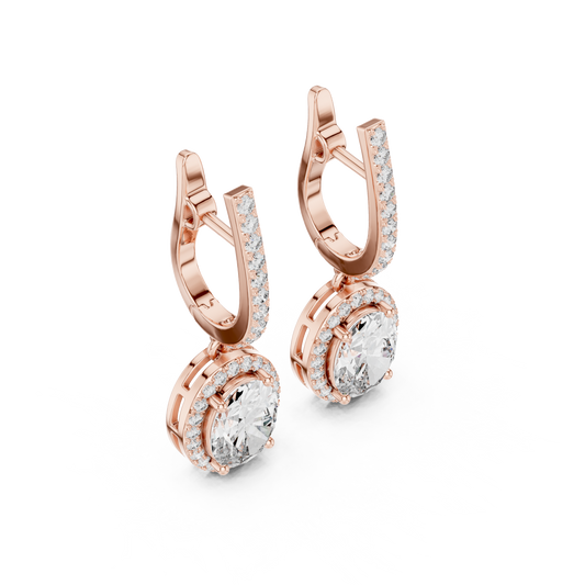 Oval Cut Moissanite Diamond Halo Dangle Huggie Hoop Earrings Rose Gold