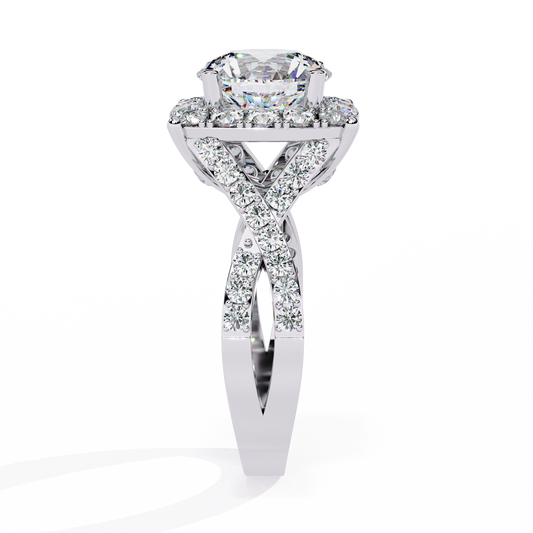 Round Halo Moissanite Diamond Ring with Princess Side Stones
