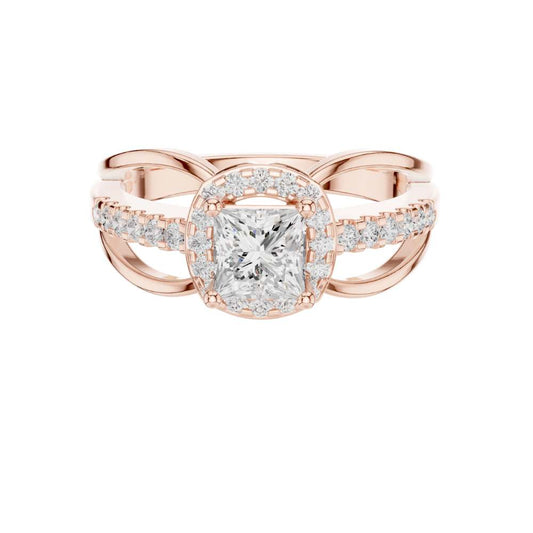 Princess Cut Split Shank Halo Moissanite Diamond Ring