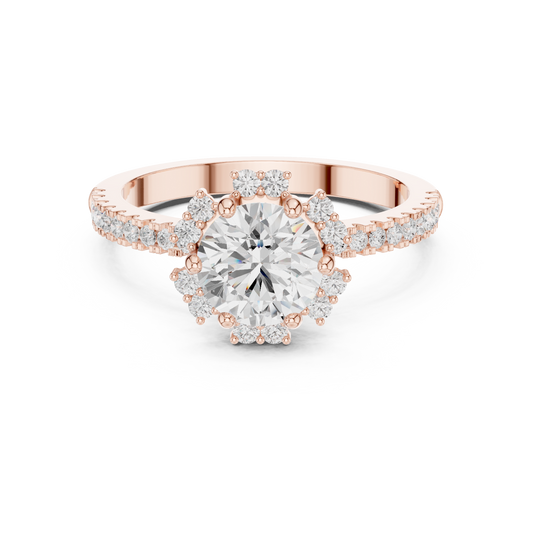 Round Floral Halo Lab Grown Diamond Ring with Pave Band