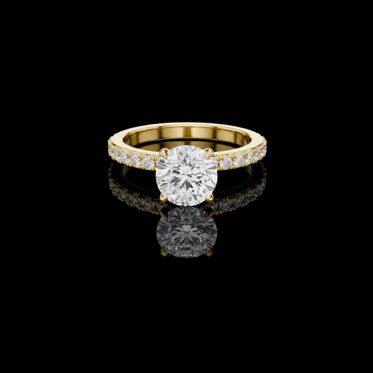Solitaire Round Moissanite Diamond Engagement Ring With Pave Band
