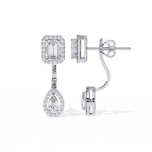 Sophisticated Emerald Halo Top with Pear Halo Drop Moissanite Diamond Earrings in Gold