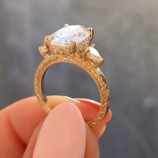 Oval Lab Diamond Three Stone Ring with Pear Side Diamonds
