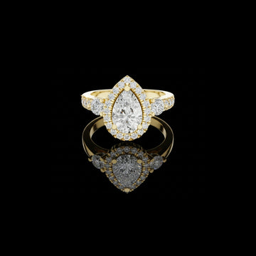 1.2 CT Exquisite Three Stone Pear Cut Moissanite Diamond Halo Ring with Round Side Stones Statement Ring