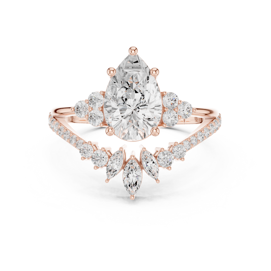 Crown Cluster Split Shank Pear Cut Moissanite Diamond Wedding Ring