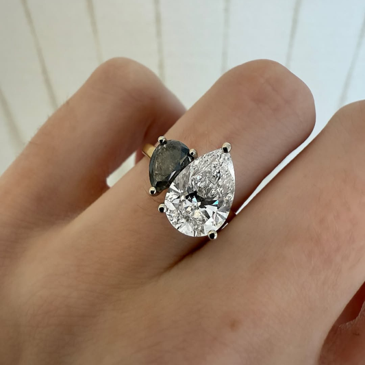 Pear Cut Black and White Lab Grown Diamond Toi et Moi Ring