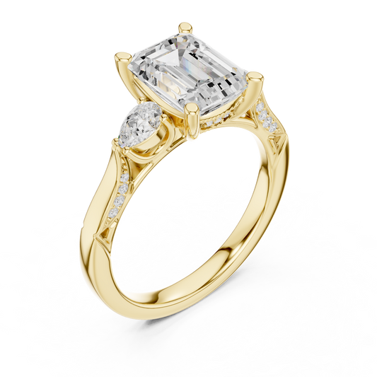 Emerald Cut Moissanite Diamond With Side Stone Pave Engagement Ring