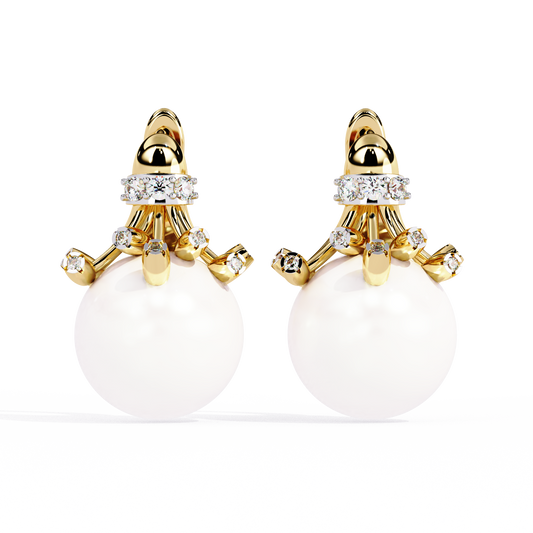 0.35 TCW Luxurious Golden Crown Pearl Drop Earrings with Sparkling Moissanite Round Diamond Accents