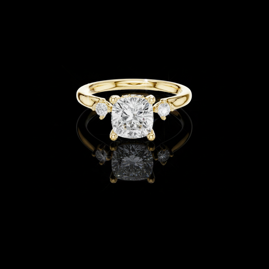 2.00 CT Shiny Cushion Cut Center Lab Grown Diamond Three Stone Ring with Round Brilliant Side Diamonds