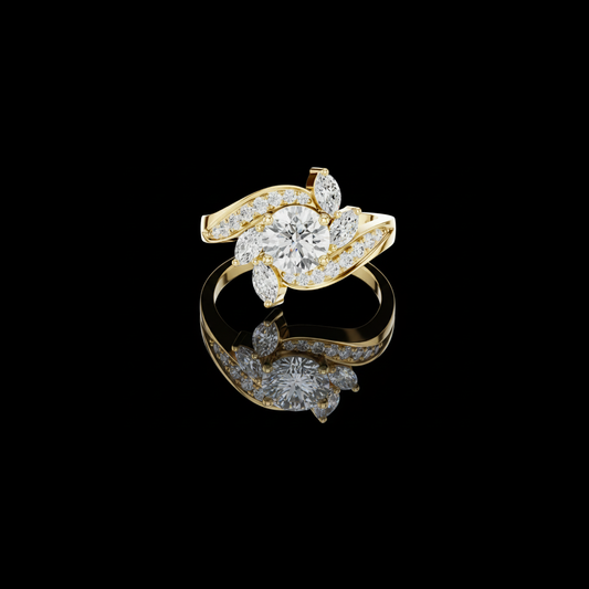 1.00 CT Designer Floral Inspired Round Moissanite Diamond Ring with Marquise Accents and Pave Split Shank