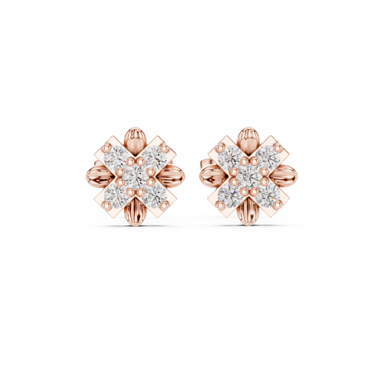 Floral Cross Round Lab Diamond Stud Earrings with Sculpted Petal Motif Cluster